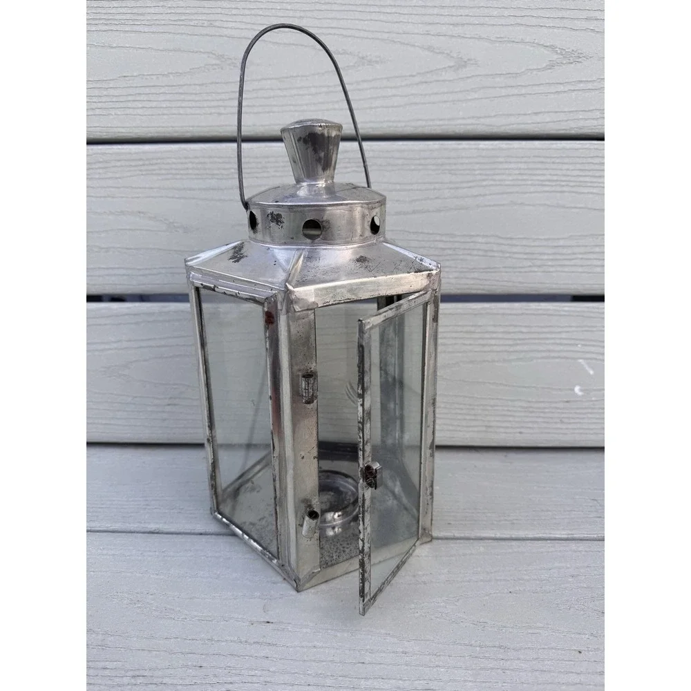 Pottery Barn Large Metal Glass Lantern Candle Holder Silver Hanging Decor